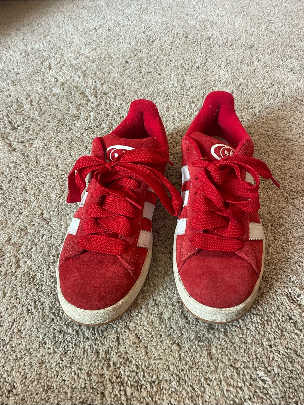 adidas Kids Red Suede Sneakers with White Stripes